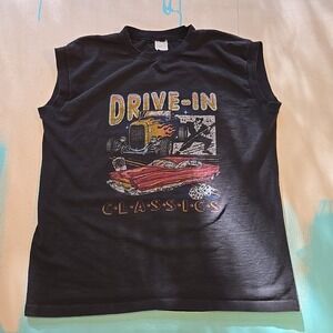 VTG 90s Drive-In Classics Muscle Car Blk Sleeveless T-Shirt Hot Rod USA Biker XL